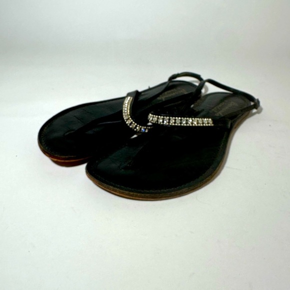 Black Sandals with Rhinestone Embellished Strap and Flat Sole - Picture 2 of 8